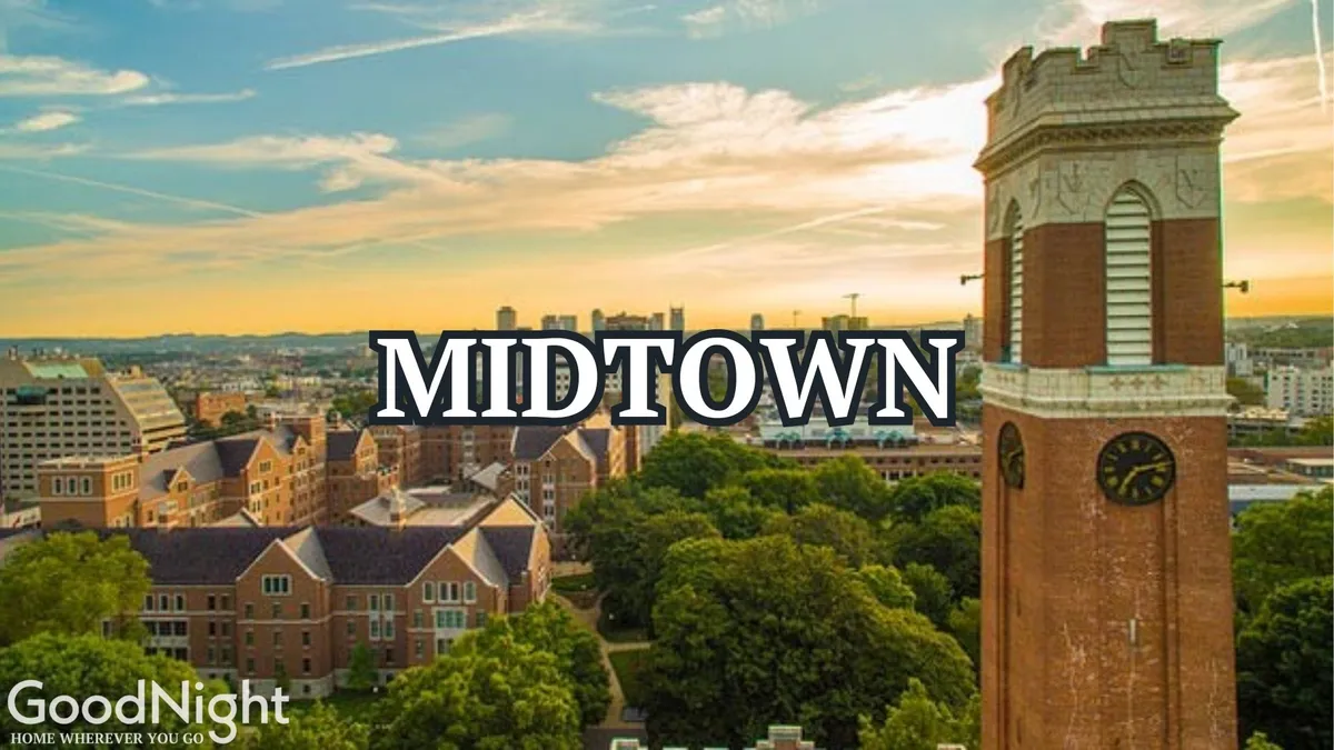 A scenic view of a historic clock tower rising above lush green parkland, set against an urban Nashville skyline. The image captures a tranquil, picturesque area ideal for family strolls or picnics, underscoring the proximity of parks and historic sites to the property.