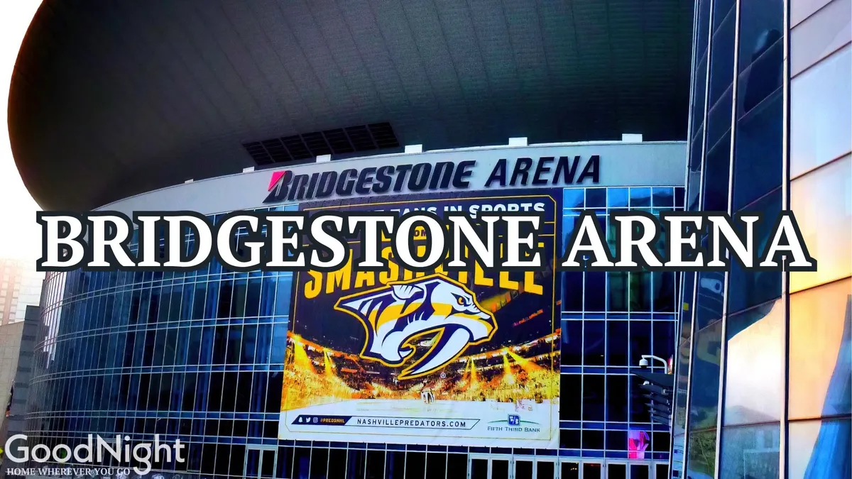 The modern glass facade of Bridgestone Arena is front and center, bordered by banners and event signage. The overall mood is electric, capturing the anticipation of lively events, whether it's a Predators game or a headline concert.