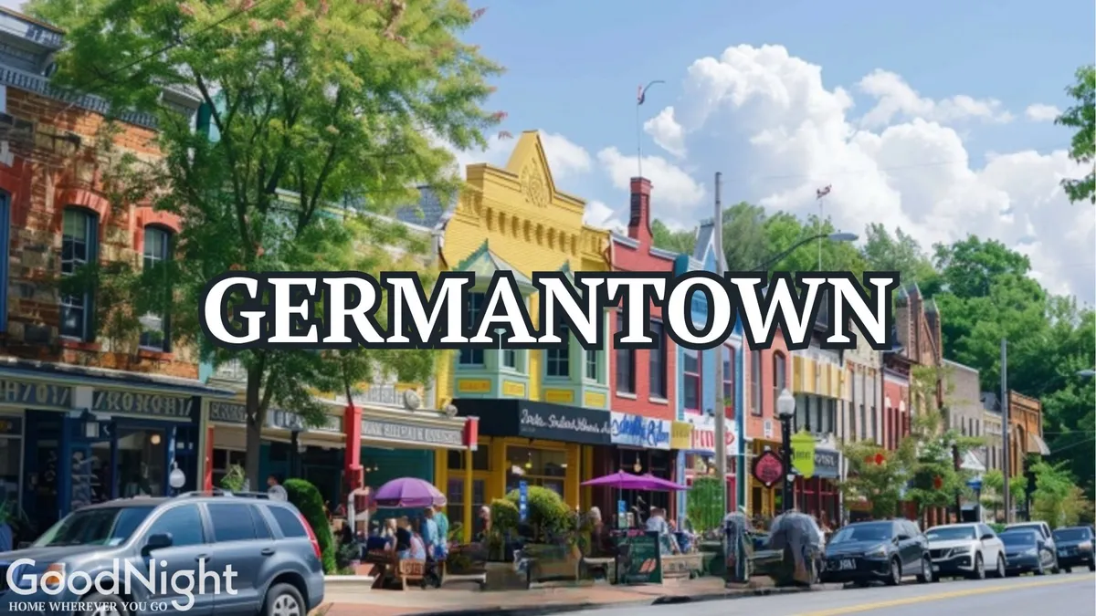 This exterior photo features a lively Nashville street scene lined with colorful storefronts, bustling with pedestrians, and outdoor seating areas. The image conveys the dynamic urban energy of local shopping and dining, suggesting a variety of easily accessible experiences for visitors and families.