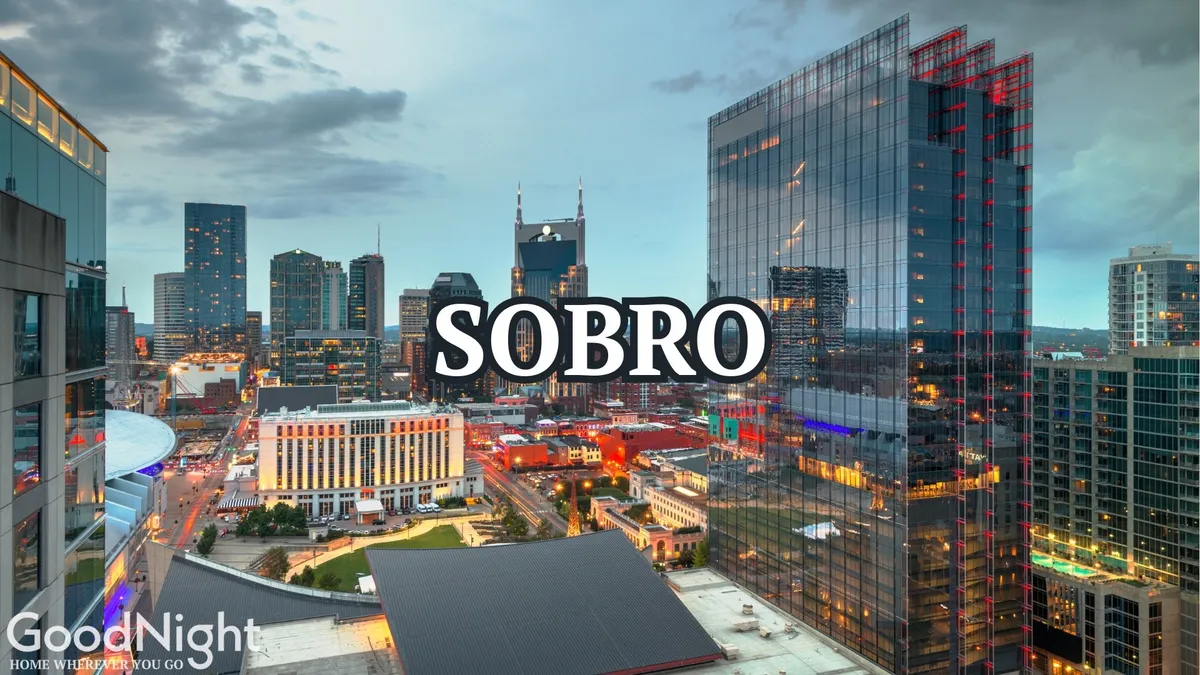 A sweeping view of the Nashville city skyline, illuminated by streetlights and alive with urban energy. The perspective captures the vibrant nightlife and eventful atmosphere of downtown, signaling the home’s proximity to the city’s action.